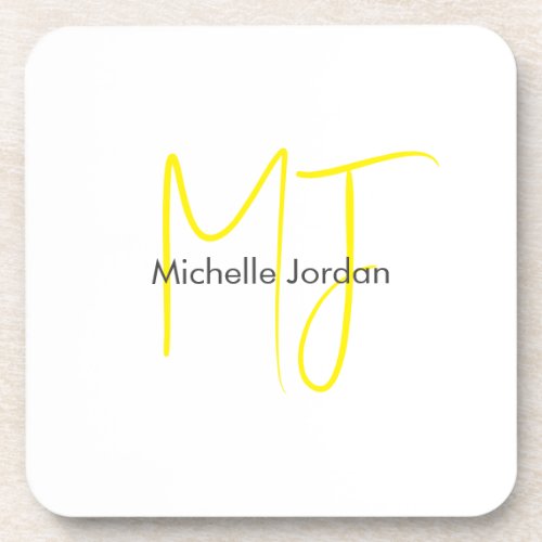 Attractive Monogram Yellow White Modern Minimalist Beverage Coaster