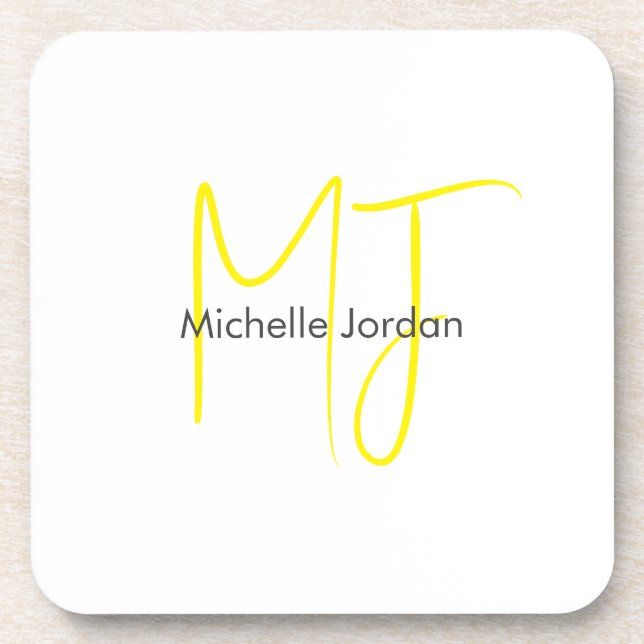 Attractive Monogram Yellow White Modern Minimalist Beverage Coaster (Front)