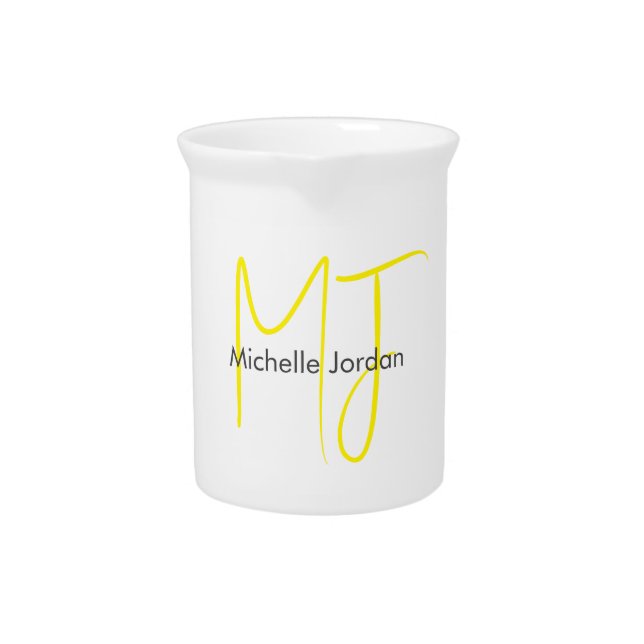 Attractive Monogram Yellow White Modern Minimalist Beverage Pitcher (Front)