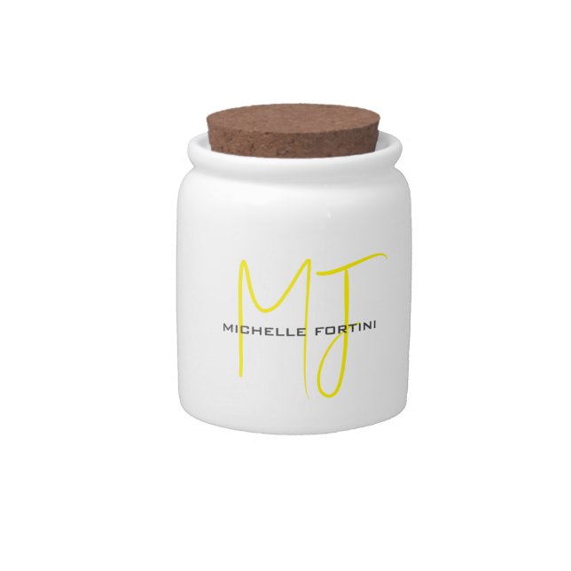 Attractive Monogram Yellow White Modern Minimalist Candy Jar (Front)