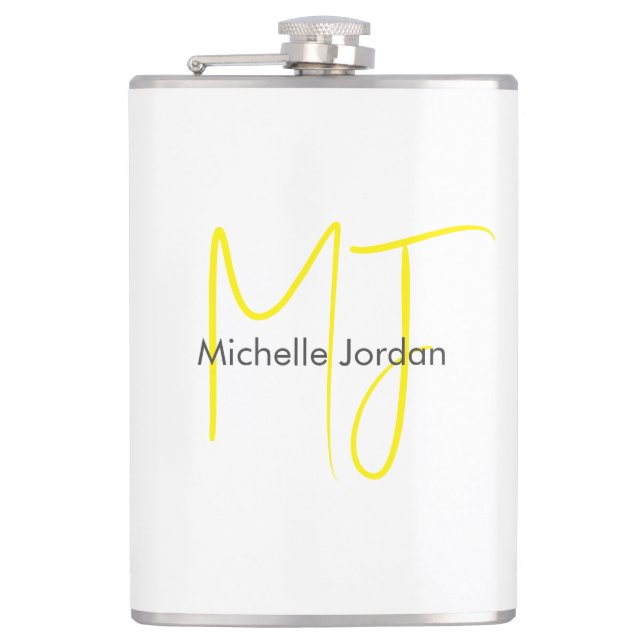 Attractive Monogram Yellow White Modern Minimalist Flask (Front)
