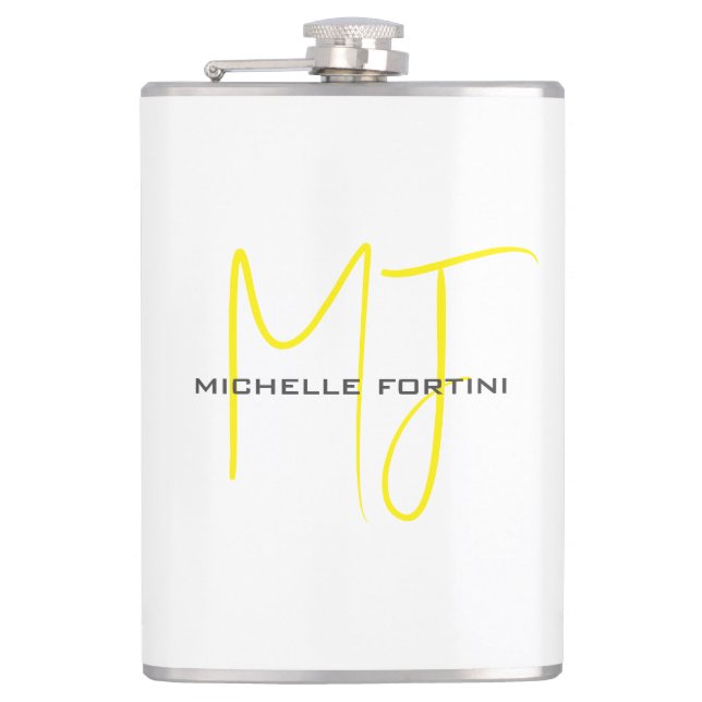 Attractive Monogram Yellow White Modern Minimalist Flask (Front)