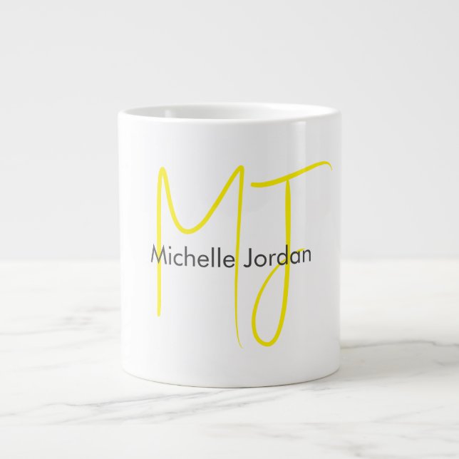 Attractive Monogram Yellow White Modern Minimalist Giant Coffee Mug (Front)
