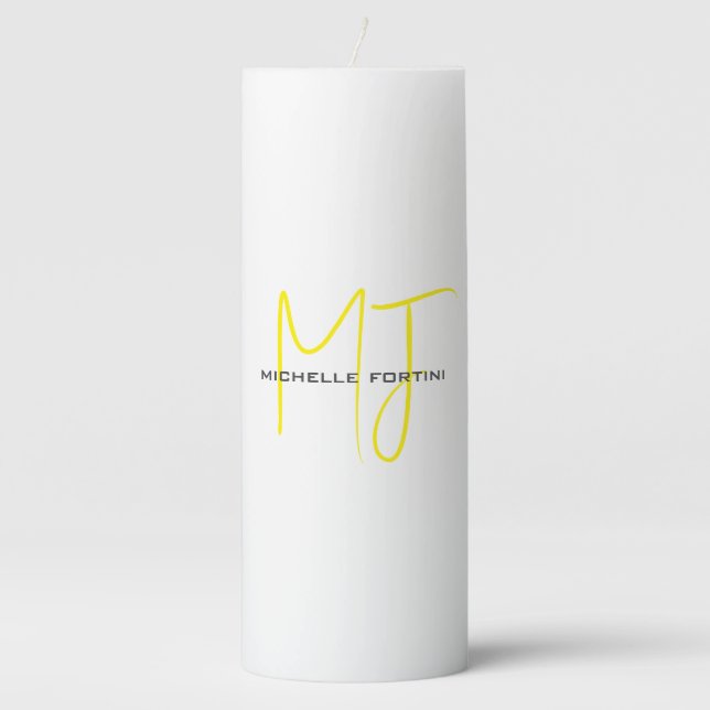 Attractive Monogram Yellow White Modern Minimalist Pillar Candle (Front)