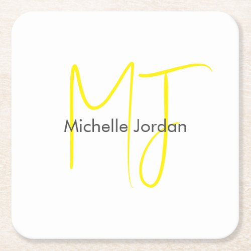 Attractive Monogram Yellow White Modern Minimalist Square Paper Coaster