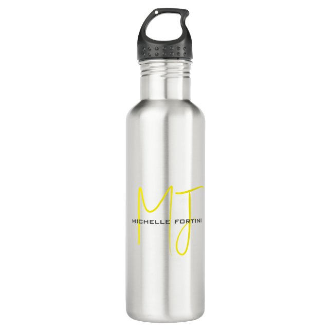 Attractive Monogram Yellow White Modern Minimalist Stainless Steel Water Bottle (Front)