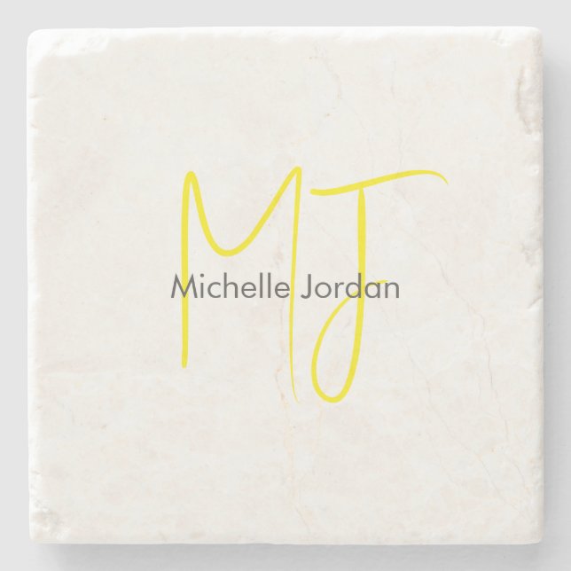 Attractive Monogram Yellow White Modern Minimalist Stone Coaster (Front)