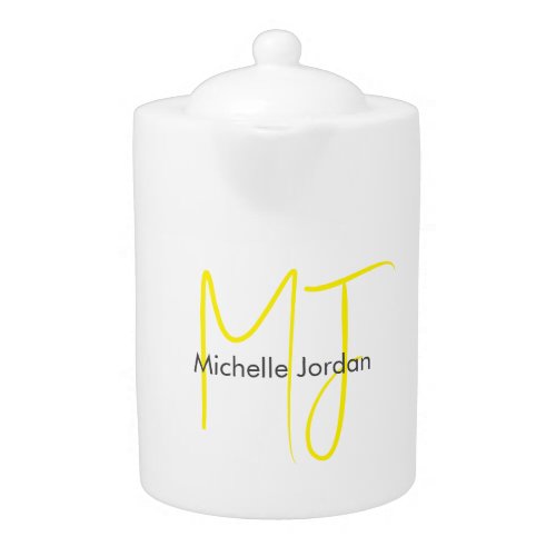 Attractive Monogram Yellow White Modern Minimalist Teapot