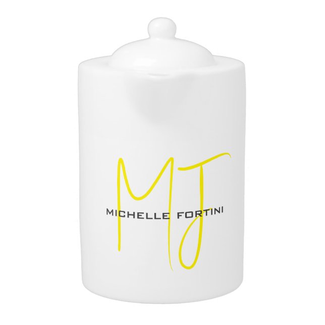 Attractive Monogram Yellow White Modern Minimalist Teapot (Front)