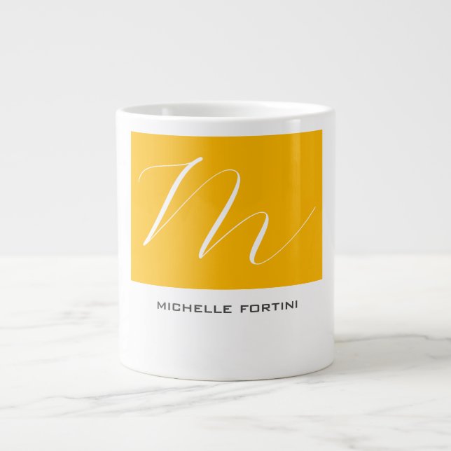 Attractive Monogram Yellow White Modern Plain Giant Coffee Mug (Front)