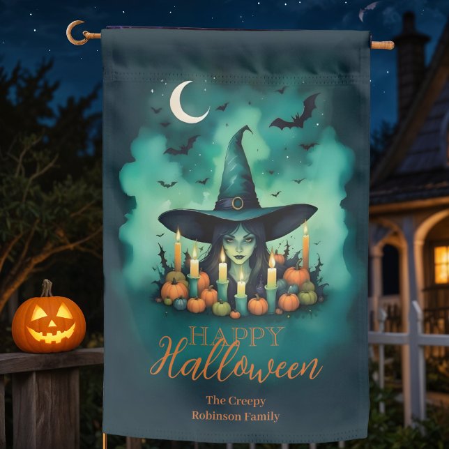 Attractive & Mystical Halloween Witch Conjures Garden Flag (Attractive & Mystical Halloween Witch Conjures Enchanting Spells Amid Glowing Candles Flags.)