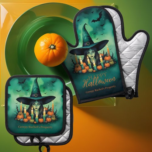 Attractive  Mystical Halloween Witch Conjures Oven Mitt  Pot Holder Set