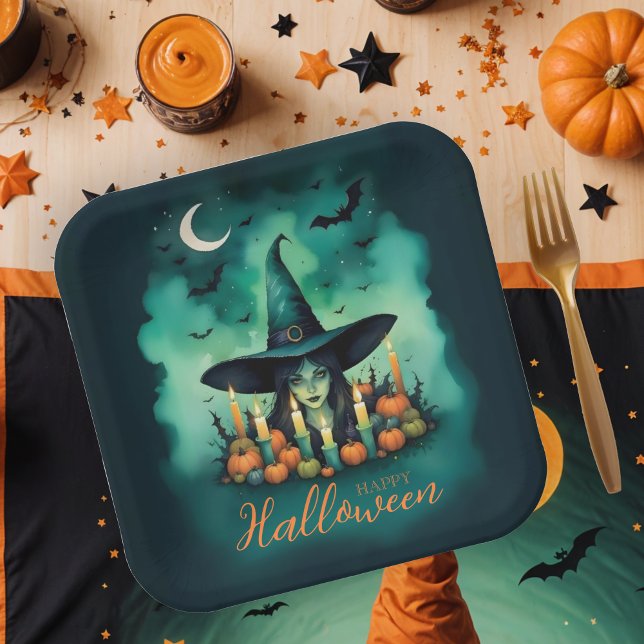 Attractive & Mystical Halloween Witch Conjures Paper Plates (Attractive & Mystical Halloween Witch Conjures Paper Plates.)