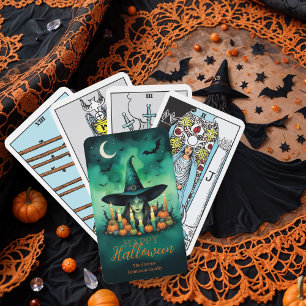 Attractive & Mystical Halloween Witch Conjures Tarot Cards