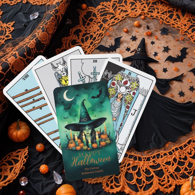 Attractive & Mystical Halloween Witch Conjures Tarot Cards (Attractive & Mystical Halloween Witch Conjures Enchanting Spells Amid Glowing Candles Tarot Cards.)