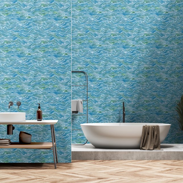 Attractive nautical watercolor Blue wave Wallpaper (Bathroom)