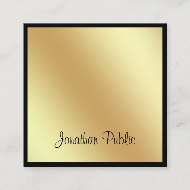Attractive Square Script Glamour Black Gold Plain Square Business Card (Front)