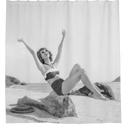 Attractive young woman in bikini on the beachvinta shower curtain