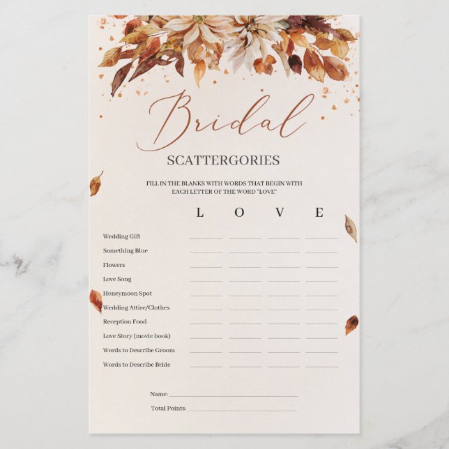 Atum Flowers Marigold Bridal Scattergories Game (Front)