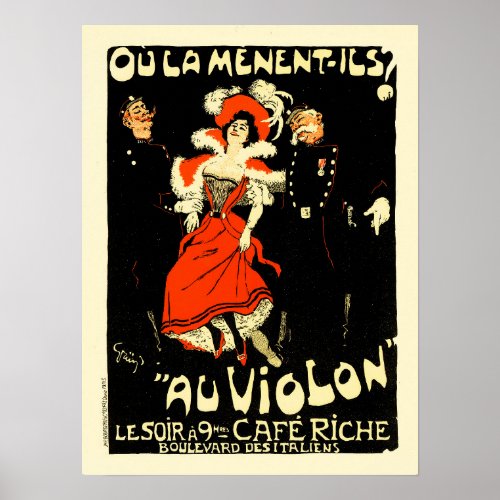 AU VIOLON To Her Violin Cafe Riche Vintage Paris Poster