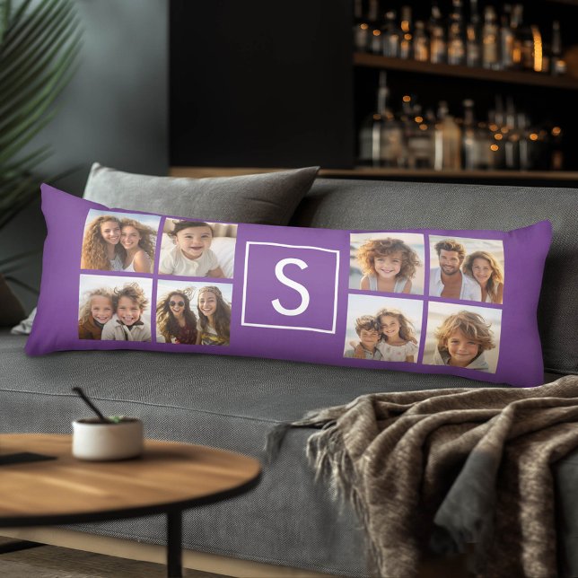 Aubergine and White Photo Collage Custom Monogram Body Pillow (Custom Photo Collage and Monogram Body Pillow)