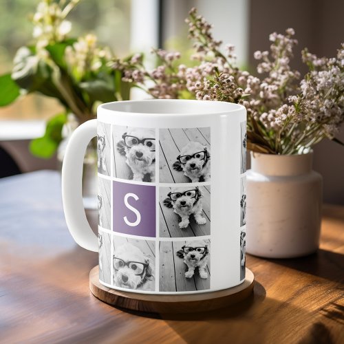 Aubergine and White Photo Collage Custom Monogram Coffee Mug