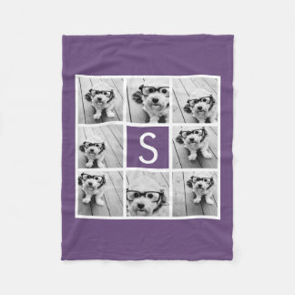 Aubergine and White Photo Collage Custom Monogram Fleece Blanket