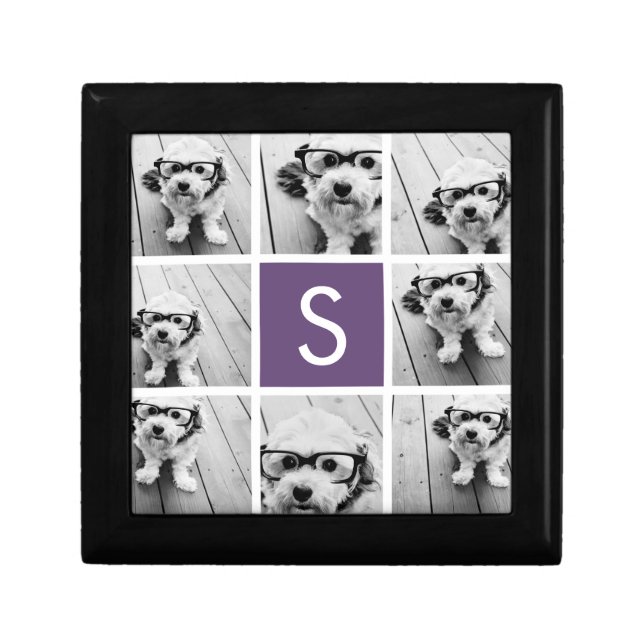 Aubergine and White Photo Collage Custom Monogram Jewelry Box (Front)