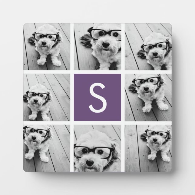 Aubergine and White Photo Collage Custom Monogram Plaque (Front)
