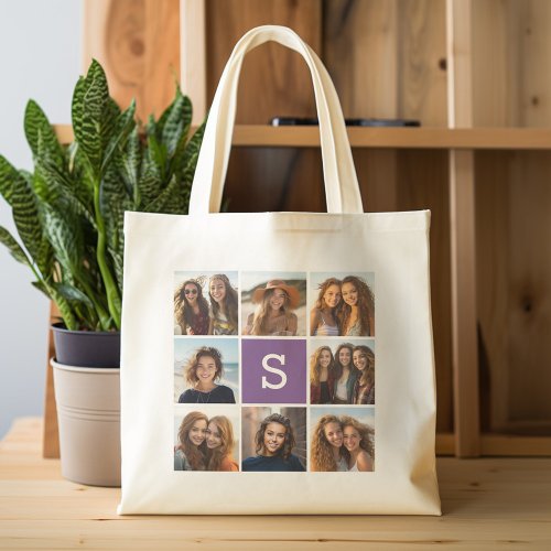 Aubergine and White Photo Collage Custom Monogram Tote Bag