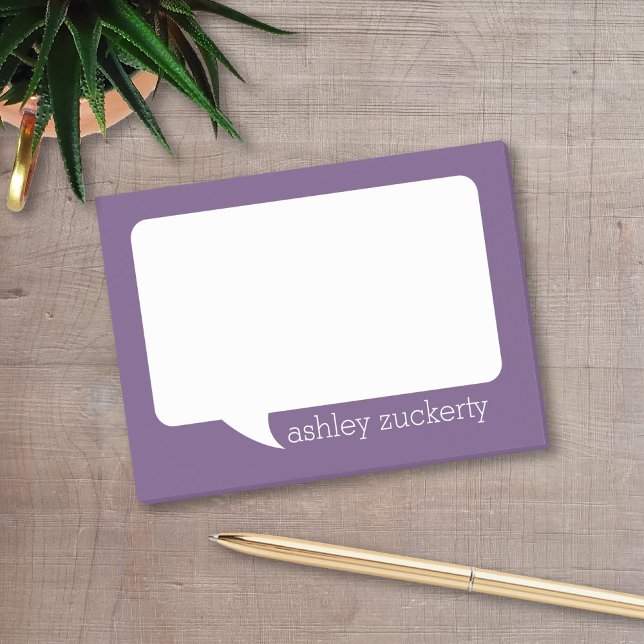 Aubergine and White Talk Bubble Personalized Name Post-it Notes (A fun talk bubble design for a personalized post-it notepad. Add your name for a fun office gift.)