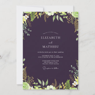 Aubergine Chartreuse Leafy Wedding Invitation