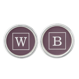 Aubergine Eggplant White Framed Initial Monogram Cufflinks