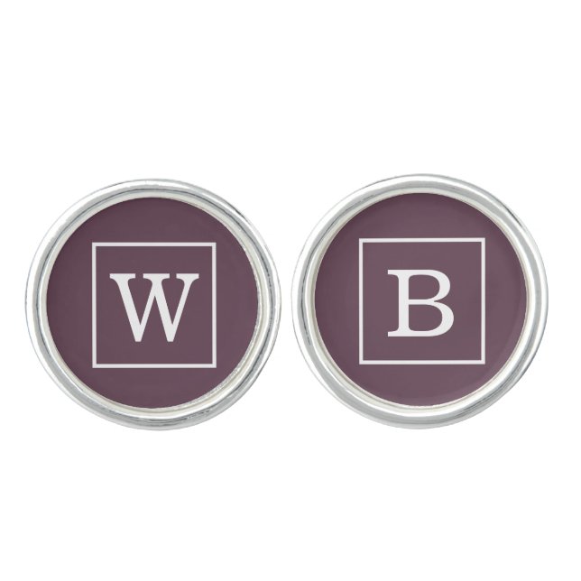 Aubergine Eggplant White Framed Initial Monogram Cufflinks (Front)