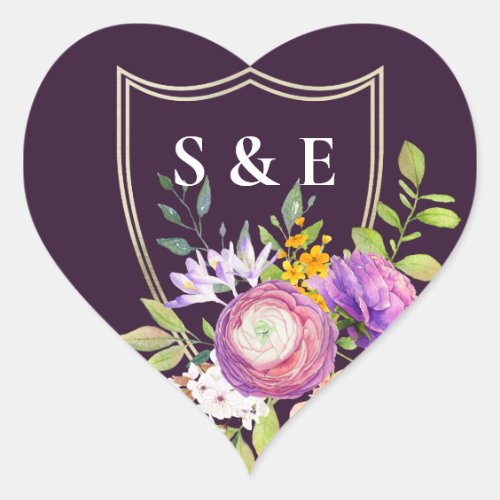 Aubergine Floral Monogram Bridal Heart Sticker