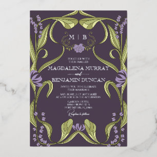 Aubergine Lilac Purple Art Nouveau Floral Wedding Foil Invitation
