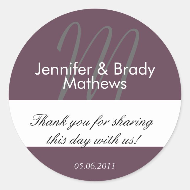 Aubergine Monogram Wedding Favor Sticker (Front)