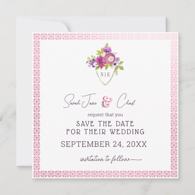 Aubergine Mulberry Crest Wedding Save The Date (Front)