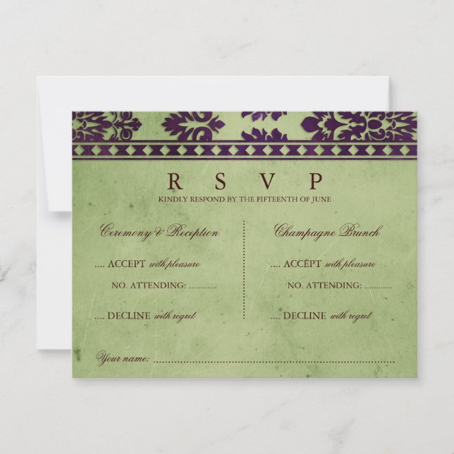 Aubergine Olive Damask Lace Wedding Double RSVP (Front)