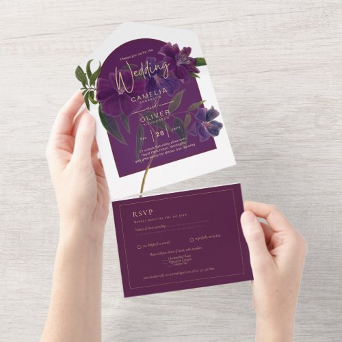 Aubergine Plum Purple Floral Forest Green Wedding All In One Invitation