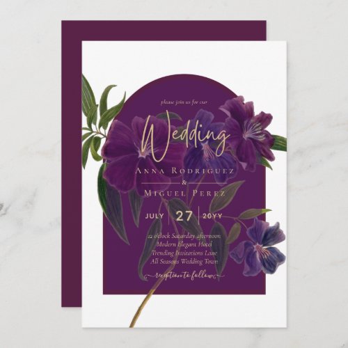 Aubergine Plum Purple Floral Forest Green Wedding Invitation