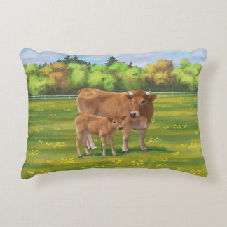 Aubrac Cow & Cute Calf in Spring Pasture Accent Pillow