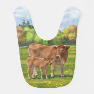 Aubrac Cow & Cute Calf in Spring Pasture Baby Bib
