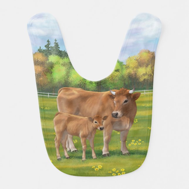 Aubrac Cow & Cute Calf in Spring Pasture Baby Bib (Front)