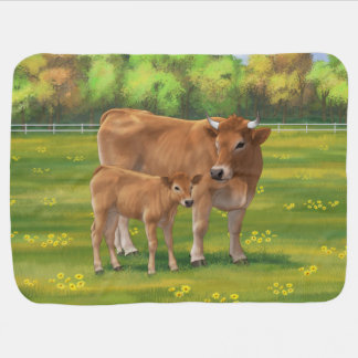 Aubrac Cow & Cute Calf in Spring Pasture Baby Blanket