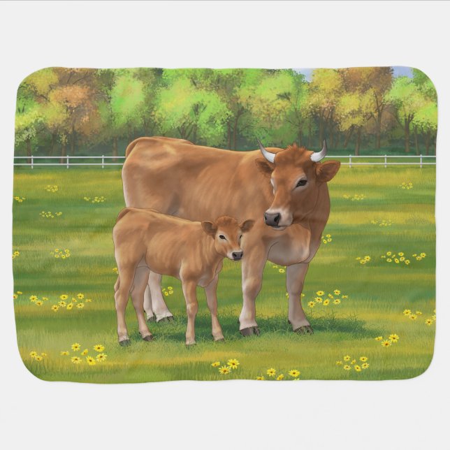 Aubrac Cow & Cute Calf in Spring Pasture Baby Blanket (Horizontal)