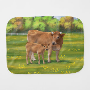 Aubrac Cow & Cute Calf in Spring Pasture Baby Burp Cloth