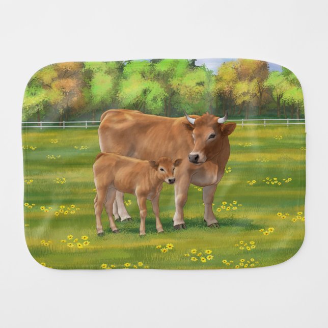 Aubrac Cow & Cute Calf in Spring Pasture Baby Burp Cloth (Front Horizontal)