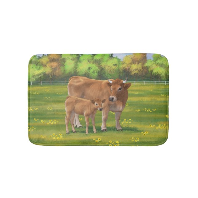 Aubrac Cow & Cute Calf in Spring Pasture Bath Mat (Front)