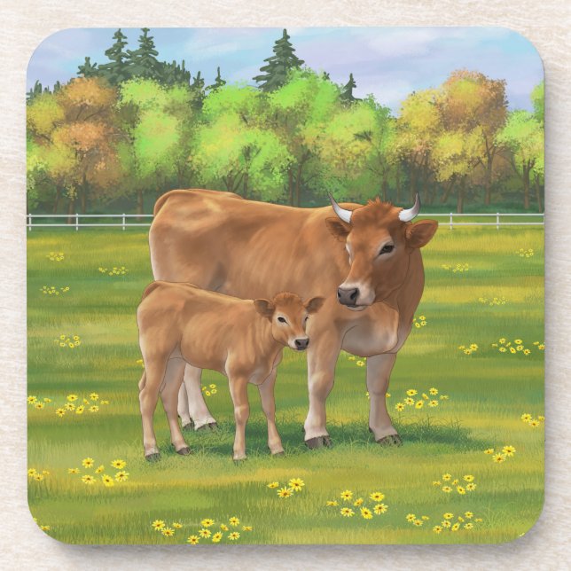 Aubrac Cow & Cute Calf in Spring Pasture Beverage Coaster (Front)